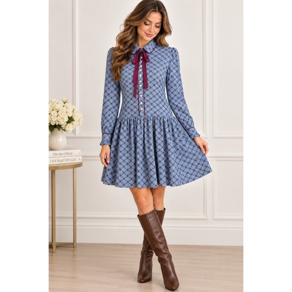 Miss Patina London Women Dress M Blue Geometric Print Tie Neck Long Sleeve Retro
